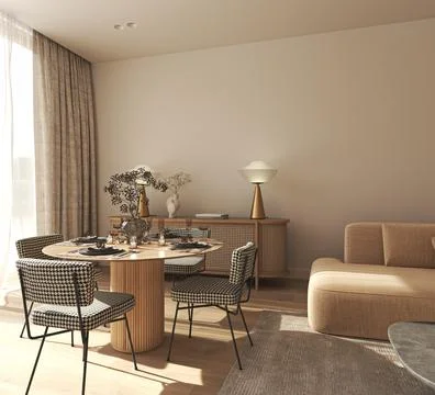 Beige interior design of modern dining room with orange furniture, panoramic Illustration