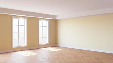 Beige Interior with Plaster Walls, Two Windows, White Ceiling and Cornice Stock Illustration