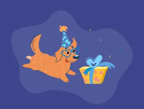 Beige labrador runs to the gift. Cute puppy in a festive cap and heart-shaped Stock Illustration