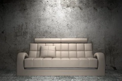 Beige leather sofa in front of grunge concrete wall Stock Illustration