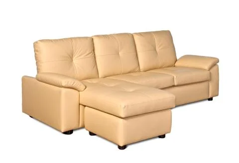 Beige leather sofa on white background Stock Photos