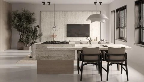 Beige living room interior with empty tv wall, ceiling lamp and kitchen island Stock Illustration