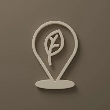 Beige Location with leaf icon isolated on brown background. Eco energy conc.. Illustrazione stock