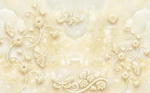 Beige marble background, embossed beige ornamental flowers and butterflies Stock Illustration