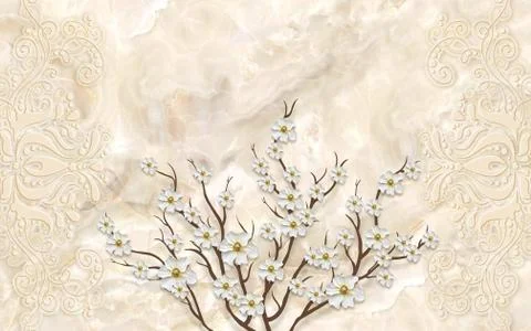 Beige marble background, embossed ornament, white flowers on brown branches Stock Illustration