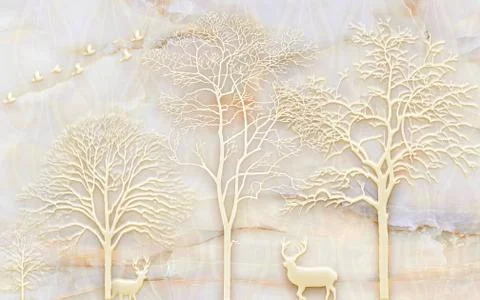 Beige marble background, embossed trees, a pair of deers and birds Stock Illustration