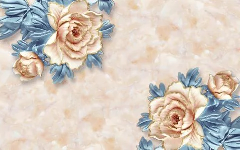 Beige marble background, large ceramic peonies with blue leaves Stock Illustration