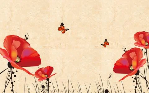 Beige marble background, large red poppies, butterflies Stock Illustration