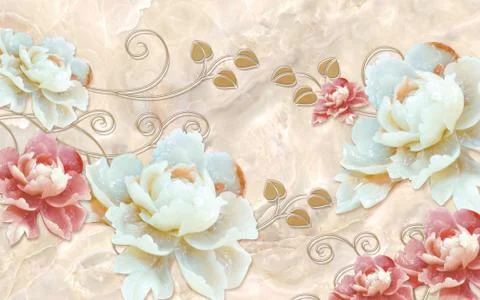 Beige marble background, large white and pink ornamental ceramic peonies Stock Illustration