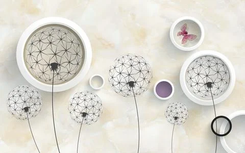 Beige marble background, large white rings and black dandelions Stock Illustration