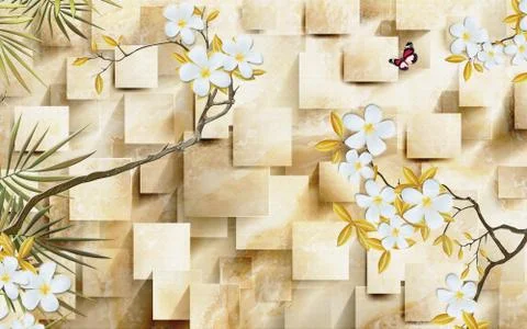 Beige marble background, rectangles, large white flowers on branches Stock Illustration