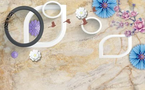 Beige marble background, rings and frames, paper flowers and pink flowers Stock Illustration