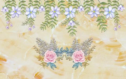 Beige marble background, two pink roses and abstract blue and white flowers Stock Illustration