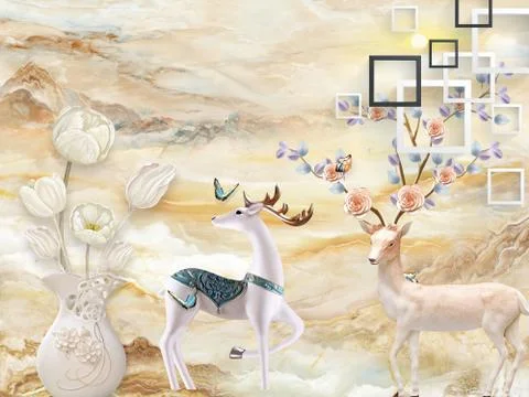 Beige marble background, vase with white tulips, deer with horns, square frames Stock Illustration