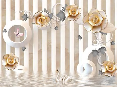 Beige marble background, vertical stripes, rings, rosebuds, butterfly, swans Stock Illustration