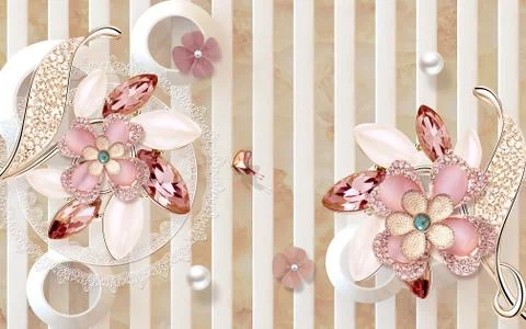 Beige marble background, vertical stripes, rings, pearls, pink glass flowers Stock Illustration