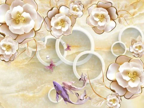 Beige marble background, white rings, beige flowers, pink and purple fish Stock Illustration