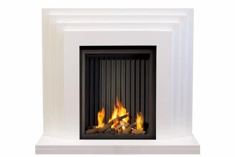 Beige marble fireplace with white background isolated Stock Photos