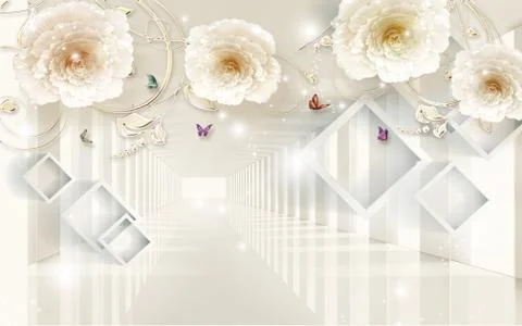Beige mirror tunnel, rhombic frames, large ornamental peonies Stock Illustration