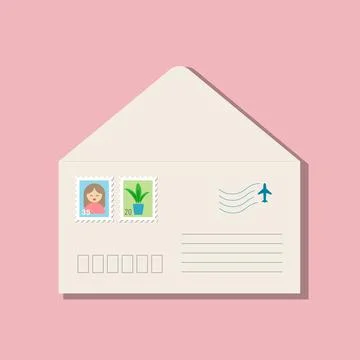 Beige opened envelope with postage stamps Stock Illustration