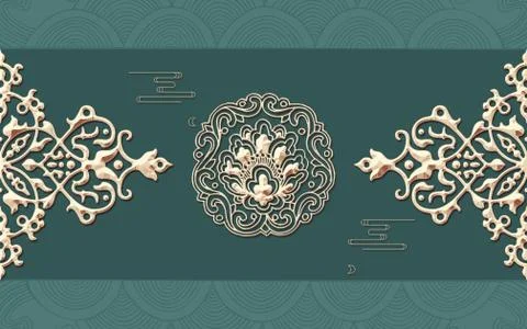 Beige ornamental patterns on a green background Stock Illustration
