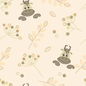 Beige pastel pattern with cows and herbs. Stock Illustration