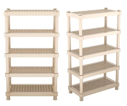 Beige plastic shelving units with five ventilated grid shelves each, shown .. Stock Illustration