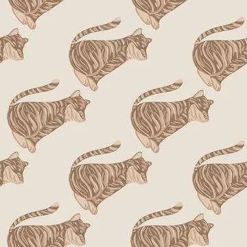 Beige predator cat seamless pattern with simple tiger elements. Light grey ba Stock Illustration