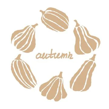 Beige pumpkins arranged in a circular pattern with artistic lettering for autumn Stock Illustration