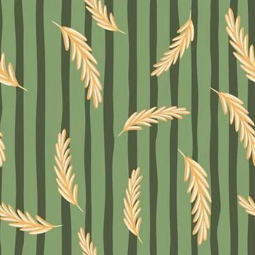 Beige random ear of wheat elements seamless pattern in doodle style. Green st Illustrazione stock
