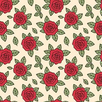 Beige Rose Flower Seamless Pattern Hand Drawn Flat Vector Asset Stock Illustration