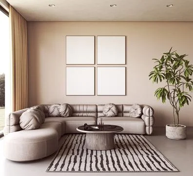 Beige rounded sofa in a scandinavian minimalist living room with picture frame Stock-Illustration