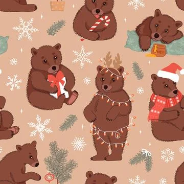 Beige seamless pattern with cute brown bears and Christmas elements. Winter v Stock Illustration