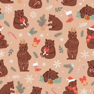 Beige seamless pattern with cute brown bears and Christmas elements. Winter b イラスト素材
