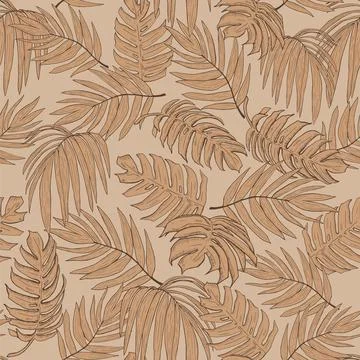 Beige seamless pattern of tropical monstera and palm leaves. Graphic modern v Stock Illustration
