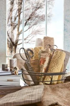 Beige sewing project Stockfoto's