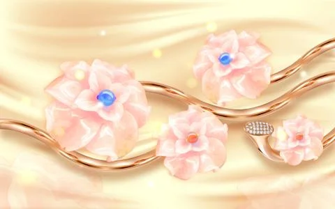 Beige silk background, abstract ceramic pink flowers on golden curved stems Stock Illustration