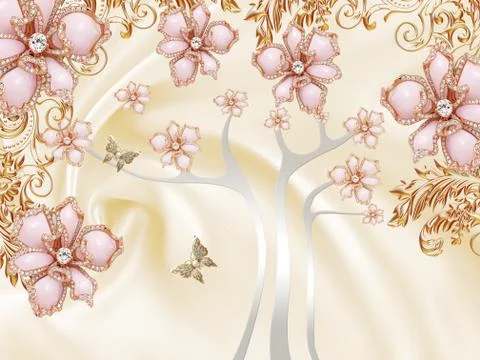 Beige silk background, abstract tree, pink ornamental gilded flowers Stock Illustration