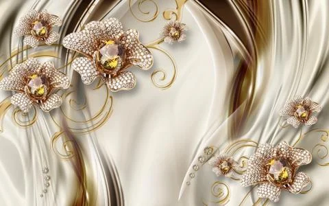 Beige silk background, large gold ornamental flowers with crystals Stock Illustration