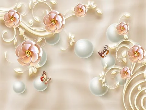 Beige silk background, large pink ornamental flowers, white pearls Stock Illustration