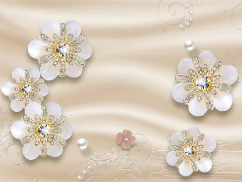 Beige silk background, large white flower buds with crystals, white pearls Stock Illustration