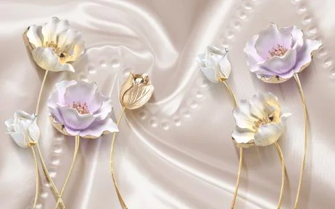 Beige silk background, large white and lilac roses on golden stems Stock Illustration