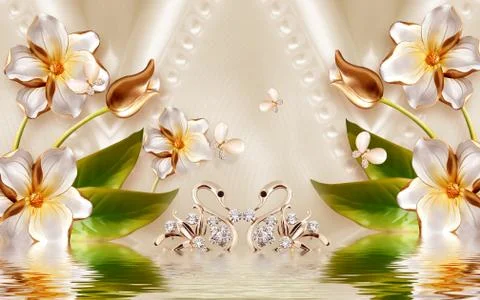 Beige silk background, a pair of swans, large gilded flowers with green leaves Stock Illustration
