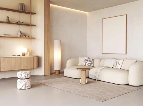 Beige sofa and picture frame mockup in scandinavian contemporary living room Stock-Illustration