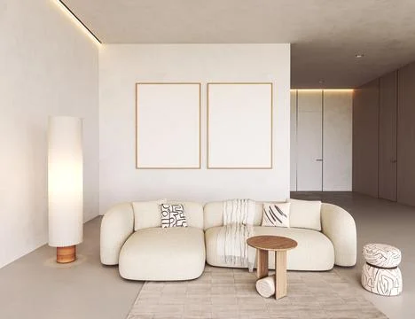 Beige sofa and two picture frames mockup in minimalism modern living room Illustrazione stock