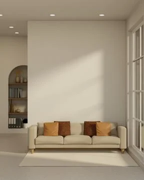 Beige sofa on carpet aside white wall and sunlight through window and arch .. Stock Illustration