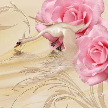 Beige solid background with a swan and two large pink roses Illustrazione stock