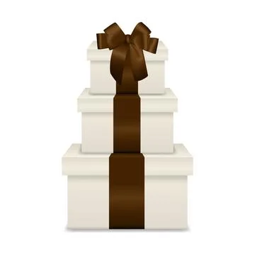 Beige Stacked Gift Boxes with Brown Ribbon. Cream Present Box Tower. Vector Gift Stock Illustration