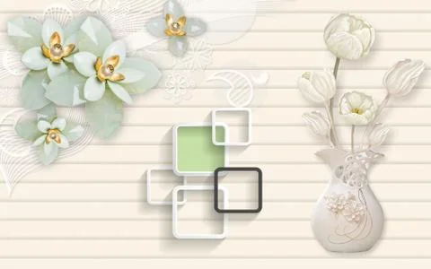 Beige striped background, abstract flowers and beige tulips in a vase Stock Illustration