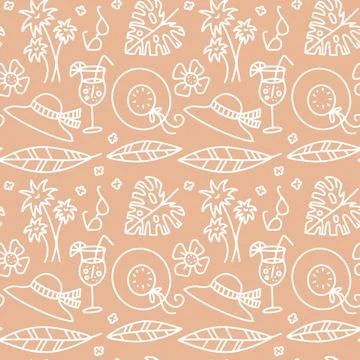 Beige summer seamless pattern. Hat, glasses, drinks, palm levea and branches Stock Illustration